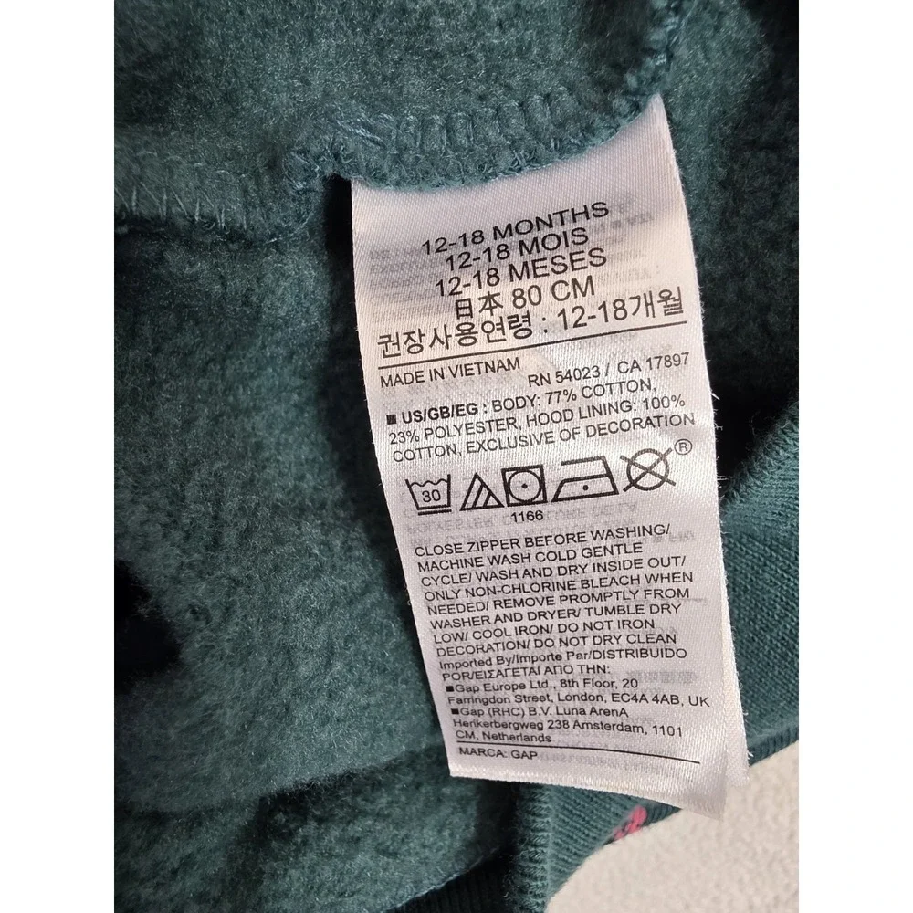 Baby Gap Floral Zip Hoodie 12-18 Months Green Pink Fleece Hooded Sweatshirt